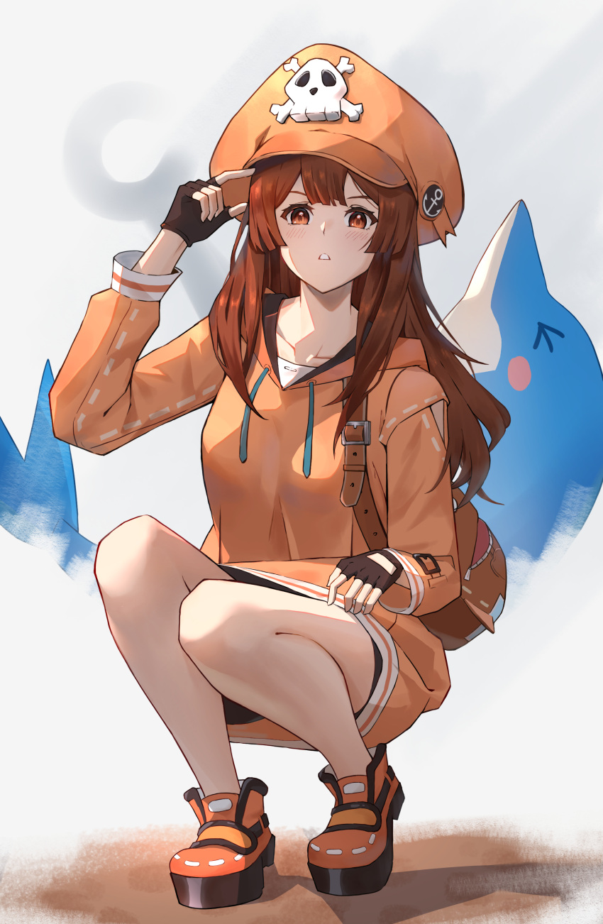 1girl, absurdres, brown_eyes, brown_hair, guilty_gear, guilty_gear_strive, highres, hood, hoodie, legs, may, may_(guilty_gear), ni_dgs, orange_headwear, orange_hoodie, skull_and_crossbones, squatting