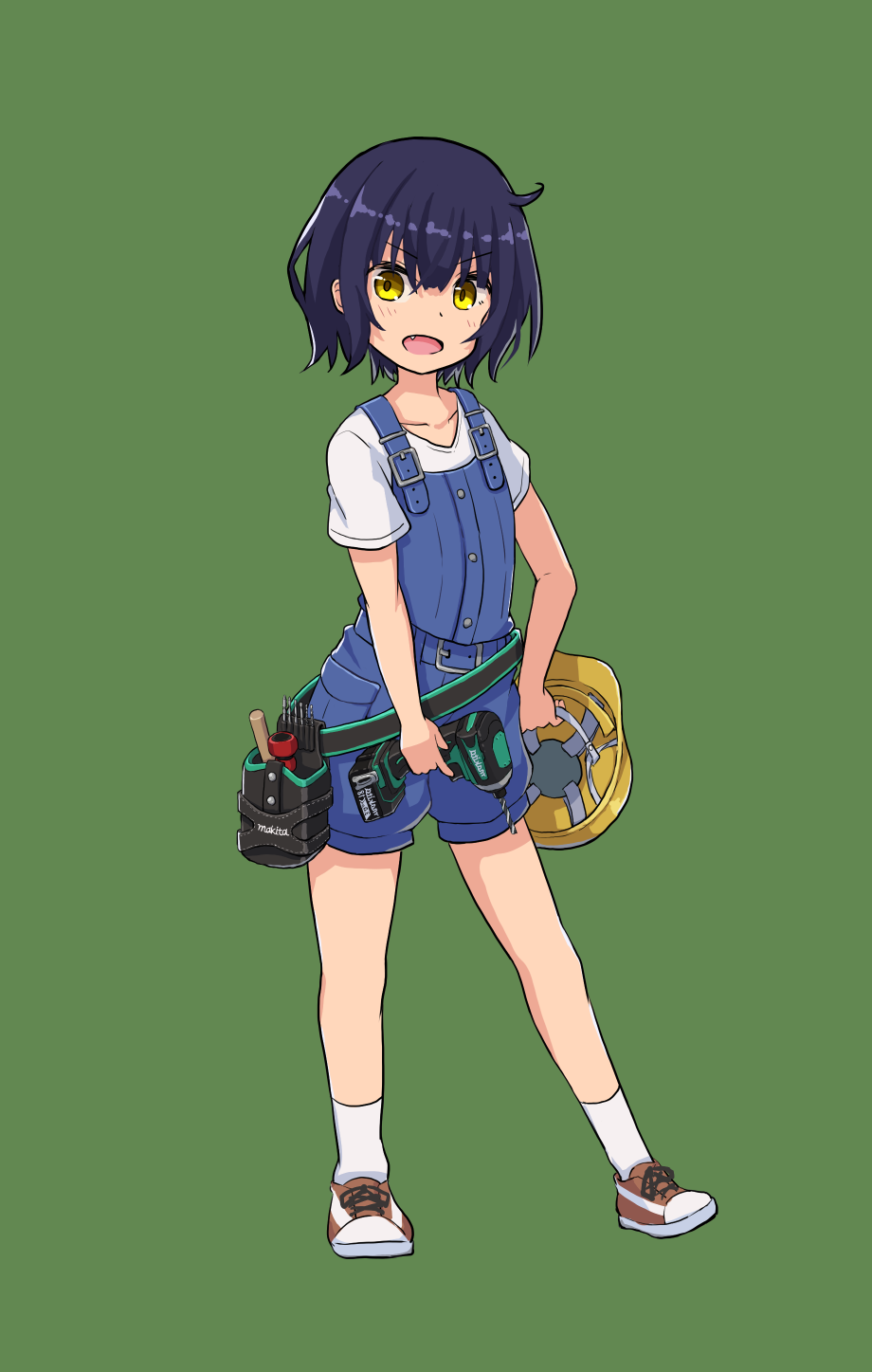 dark_blue_hair, drill, fang, full_body, gochuumon_wa_usagi_desu_ka?, green_background, headwear_removed, helmet