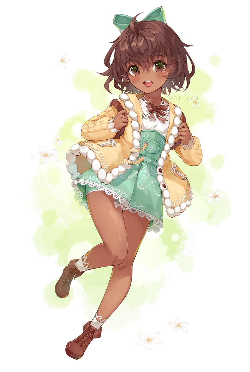 1girl, ahoge, ascot, backpack, bag, blush, bow, brown_eyes