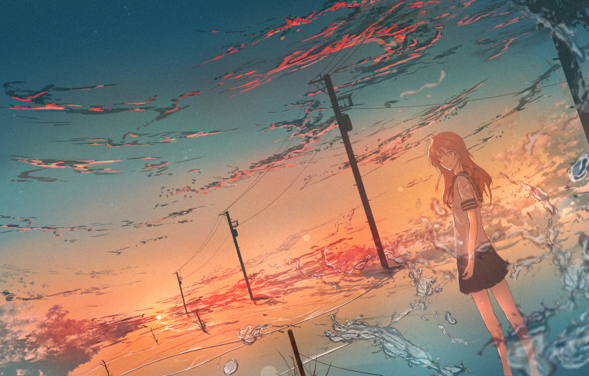 1girl, abisswalker8, absurdres, bare_legs, barefoot, clouds, commentary, gradient_sky