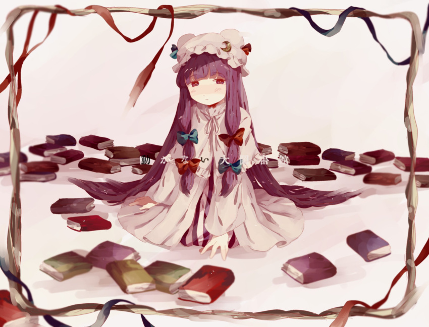 1girl, bangs, blue_bow, blunt_bangs, blush, book, bow, crescent