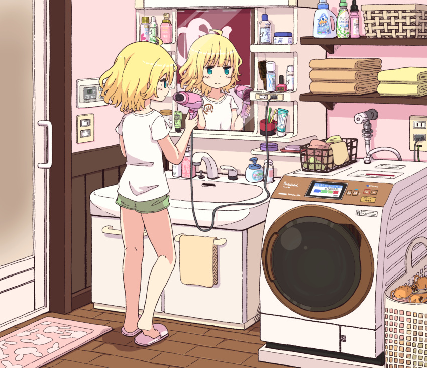 barefoot, bathroom, blonde_hair, closed_mouth, comb, door, faucet, from_behind