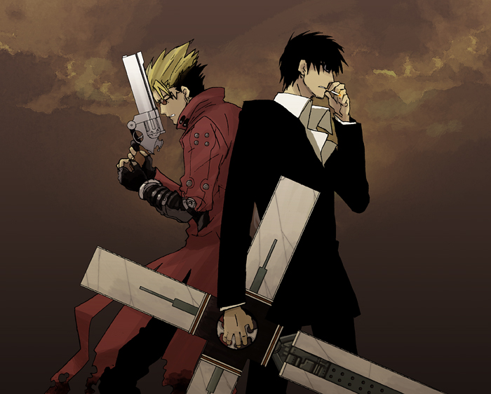 2boys, back-to-back, bangs, black_gloves, black_hair, black_jacket, black_pants, blonde_hair