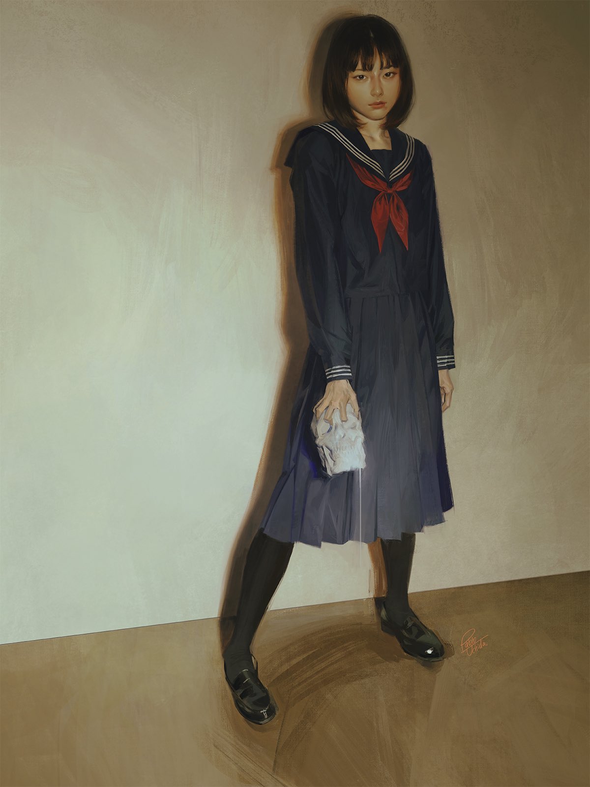 1girl, asian, bangs, blue_serafuku, blue_skirt, brown_eyes, collarbone, flat_chest