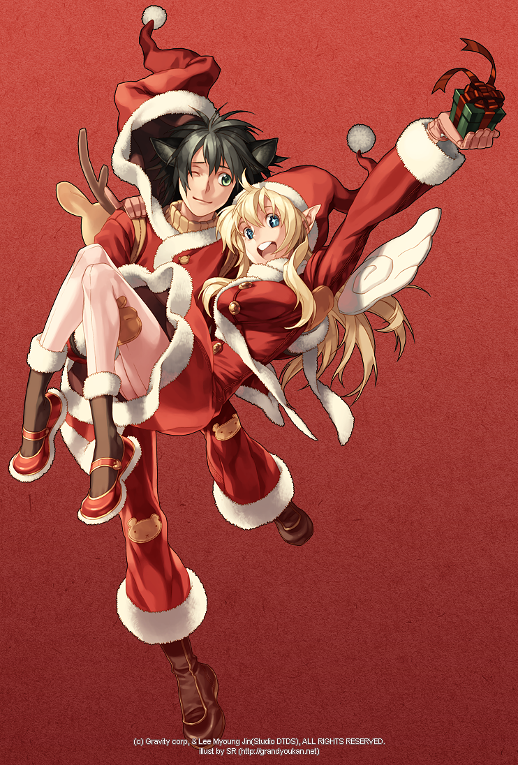 1boy, 1girl, acolyte_(ragnarok_online), animal_ears, artist_name, bangs, black_hair, blonde_hair
