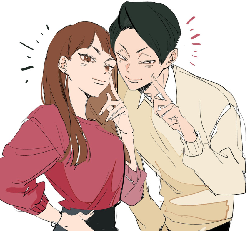 1boy, 1girl, bangs, beige_sweater, black_hair, blunt_bangs, brown_eyes, brown_hair