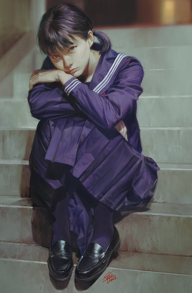 1girl, artist_name, asian, black_footwear, blue_legwear, blue_serafuku, blue_skirt, crossed_arms