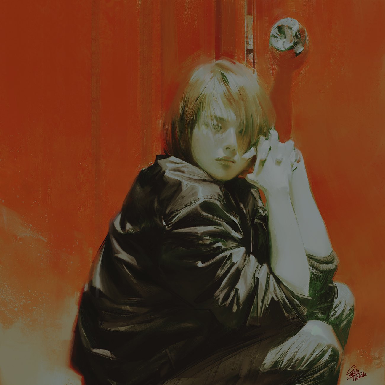 1girl, artist_name, asian, bangs, black_jacket, brown_hair, doorknob, grey_pants