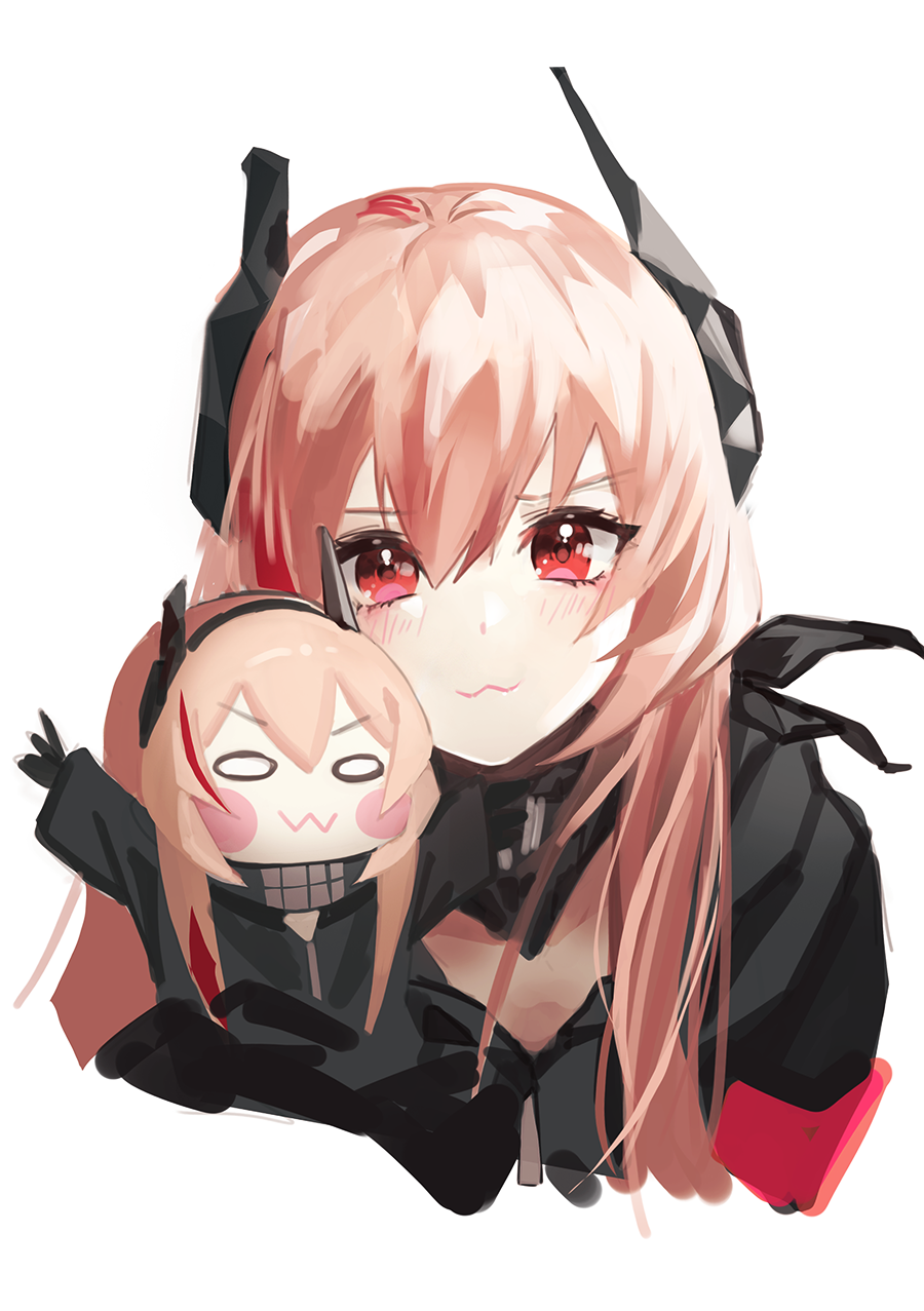 2girls, :3, arms_up, bangs, blush, blush_stickers, chibi, closed_mouth