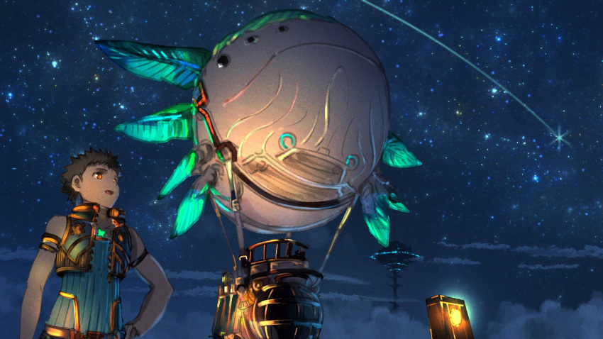 1boy, brown_hair, highres, night, night_sky, outdoors, poteto_(potetosarada123), rex_(xenoblade)