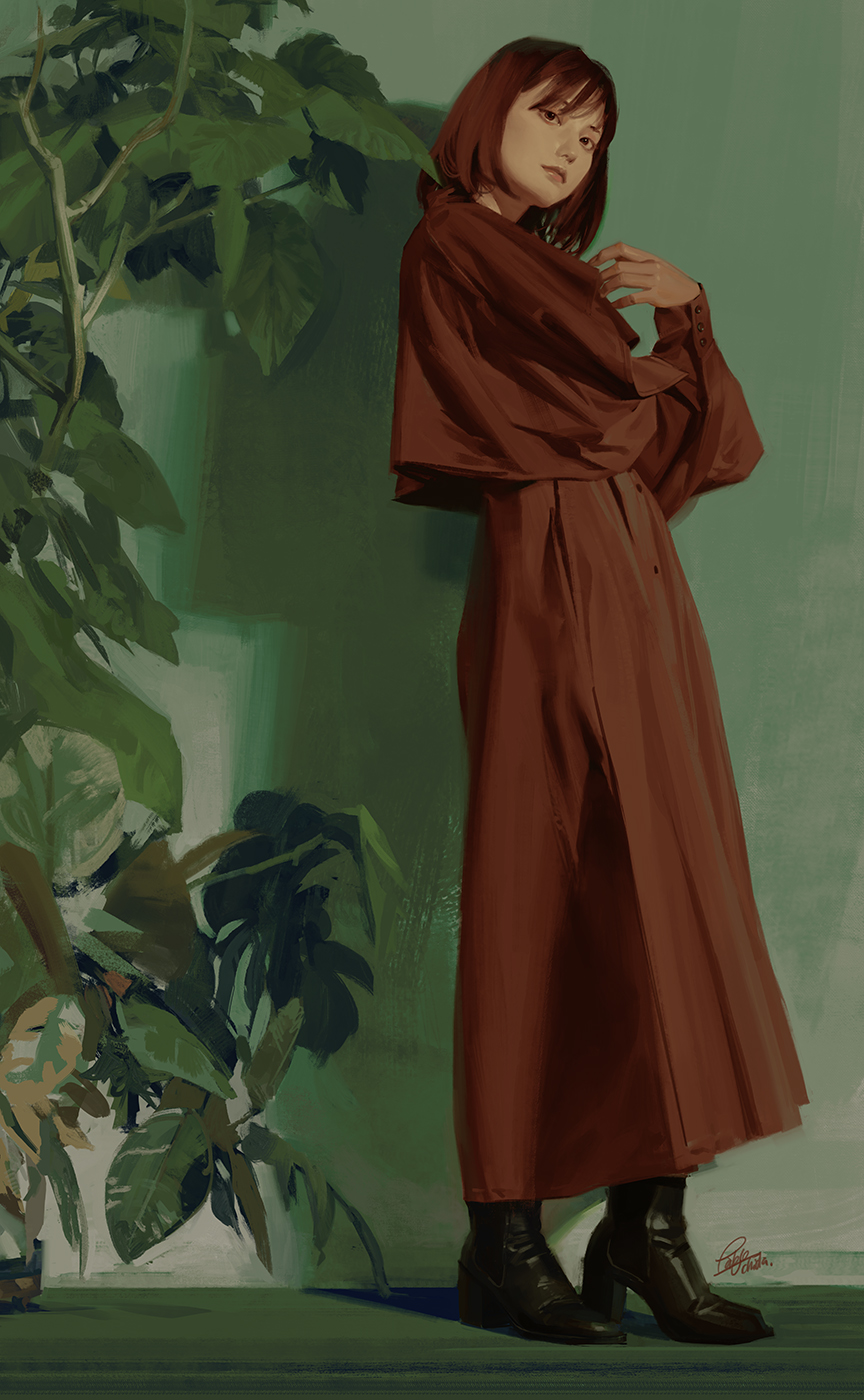 1girl, asian, bangs, black_footwear, boots, brown_dress, brown_eyes, brown_hair