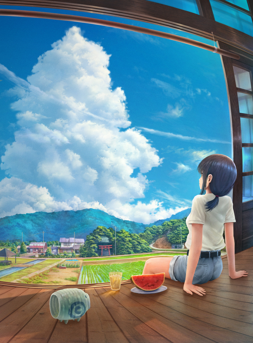 1girl, absurdres, arm_support, black_hair, blue_sky, bridge, bus_stop, canal