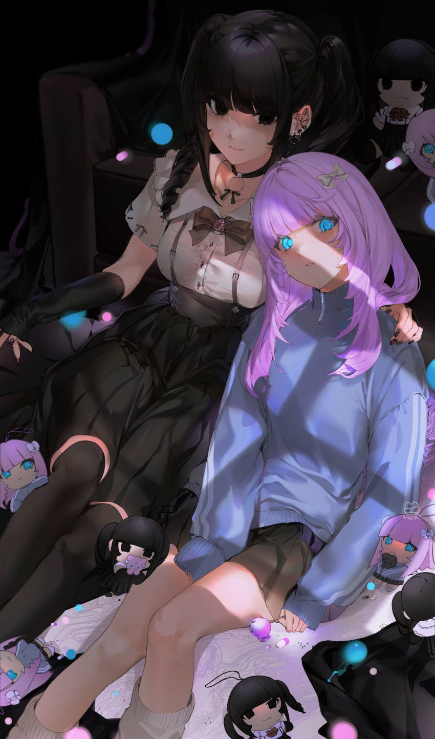 2girls, absurdres, ant, arm_warmers, black_bow, black_eyes, black_hair, black_legwear