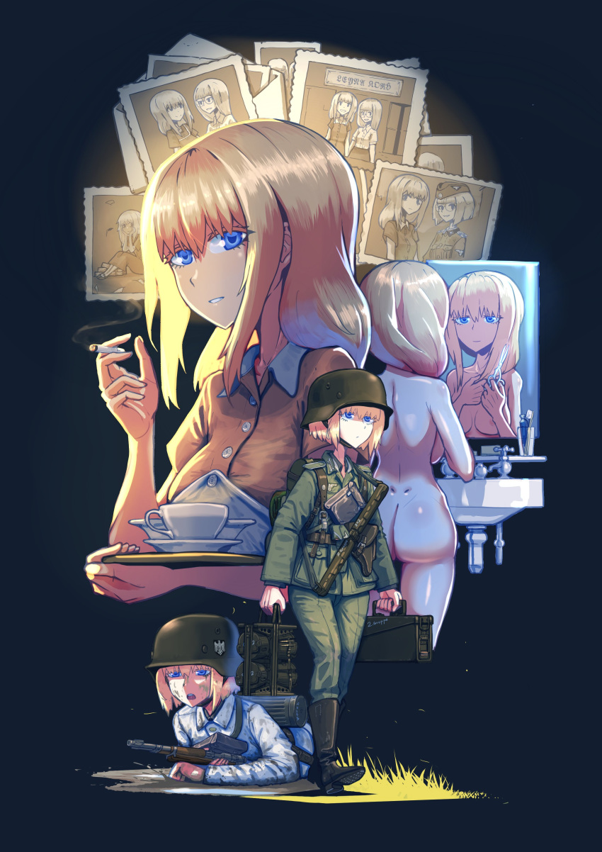 2girls, ammunition_pouch, ass, backboob, blonde_hair, blue_eyes, breasts, canteen