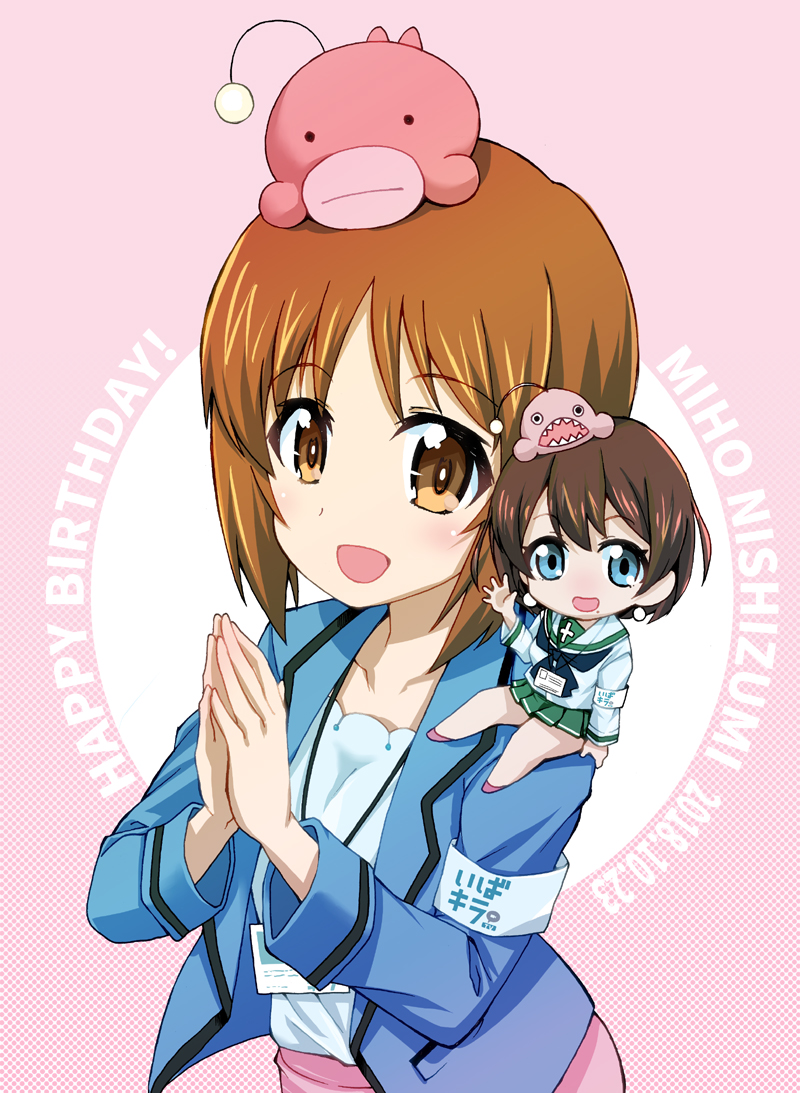 2girls, anglerfish, armband, bangs, black_neckwear, blazer, blouse, blue_eyes, blue_jacket, brown_eyes, brown_hair, character_name, chibi, commentary, cosplay, costume_switch, dated, earrings, english_text, fish_hat, fujimaru_arikui, girls_und_panzer, green_skirt, hands_together, happy_birthday, ibakira_tv, ibara_hiyori, jacket, jewelry, lanyard, long_sleeves, looking_at_viewer, minigirl, miniskirt, mole, mole_under_mouth, multiple_girls, neckerchief, nishizumi_miho, ooarai_school_uniform, open_mouth, pink_background, pink_skirt, pleated_skirt, sailor_collar, school_uniform, serafuku, shirt, short_hair, sitting_on_shoulder, skirt, smile, virtual_youtuber, waving, white_blouse, white_sailor_collar, white_shirt