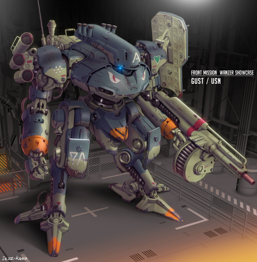 artist_name, blue_eyes, character_name, front_mission, glowing, glowing_eye, gun, gust_(front_mission), hangar, highres, holding, holding_gun, holding_weapon, jazz_kawa_sodom, mecha, no_humans, radio_antenna, science_fiction, solo, standing, weapon