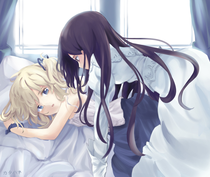 2girls, blonde_hair, blue_eyes, blue_ribbon, christina_dorn, commentary_request, derivative_work, dress