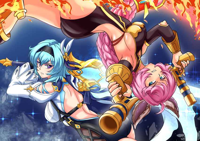 2girls, aiming, aiming_at_viewer, animal_ears, aqua_hair, ass, atawatsho, bangs, bare_back, blue_eyes, braid, breasts, claymore_(sword), commentary, crossover, cygames, dual_wielding, english_commentary, esser, eula_lawrence, eyebrows_visible_through_hair, fighting_stance, fire, from_behind, genshin_impact, granblue_fantasy, greatsword, grey_eyes, gun, hair_between_eyes, hair_ornament, hairband, handgun, highres, holding, holding_sword, holding_weapon, ice, long_hair, looking_at_viewer, low_ponytail, mihoyo_technology_(shanghai)_co._ltd., multiple_girls, purple_hair, satou_rina, seiyuu_connection, short_hair, sideboob, sidelocks, smile, sword, trigger_discipline, upside-down, weapon