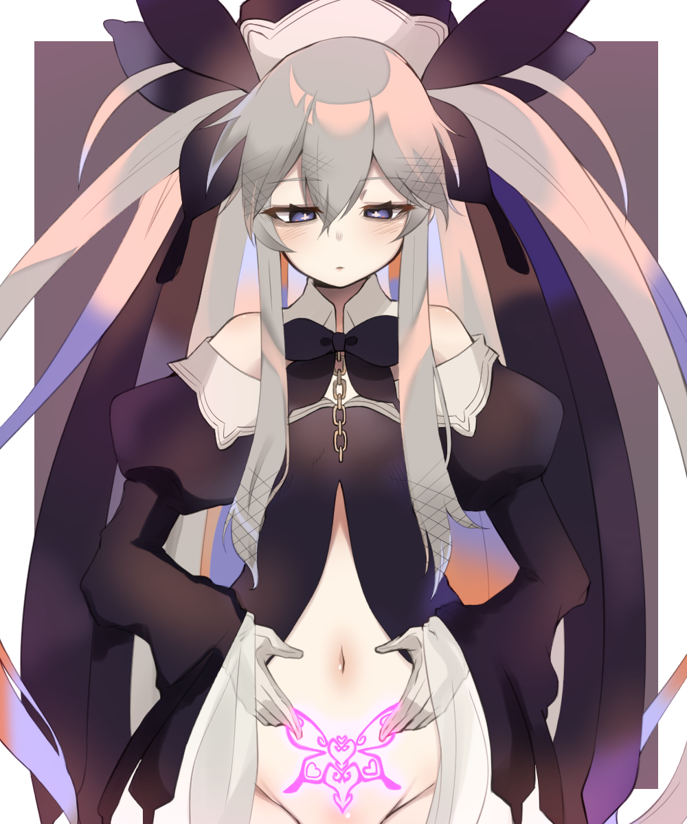 +_+, 1girl, bangs, blush, groin, highres, hijirime_laeria, indie_virtual_youtuber, long_hair, meta-tron, pubic_tattoo, solo, tattoo, tied_hair, very_long_hair, violet_eyes, virtual_youtuber