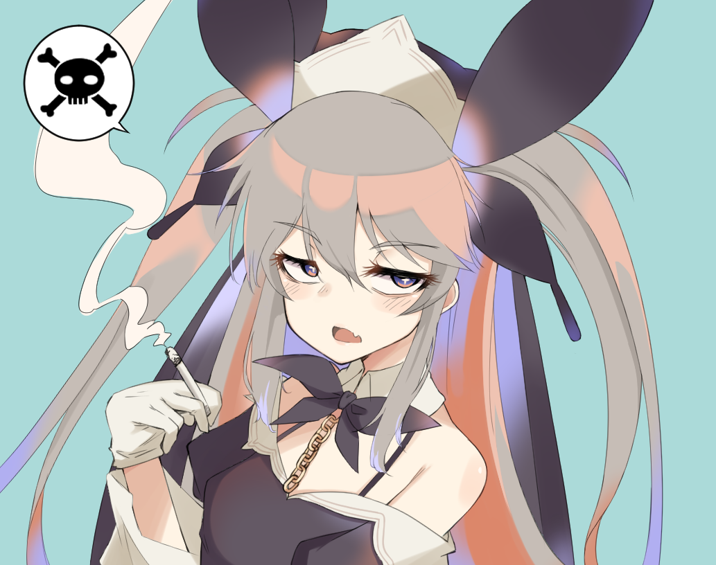 +_+, 1girl, blush, breasts, cigarette, fang, hijirime_laeria, indie_virtual_youtuber