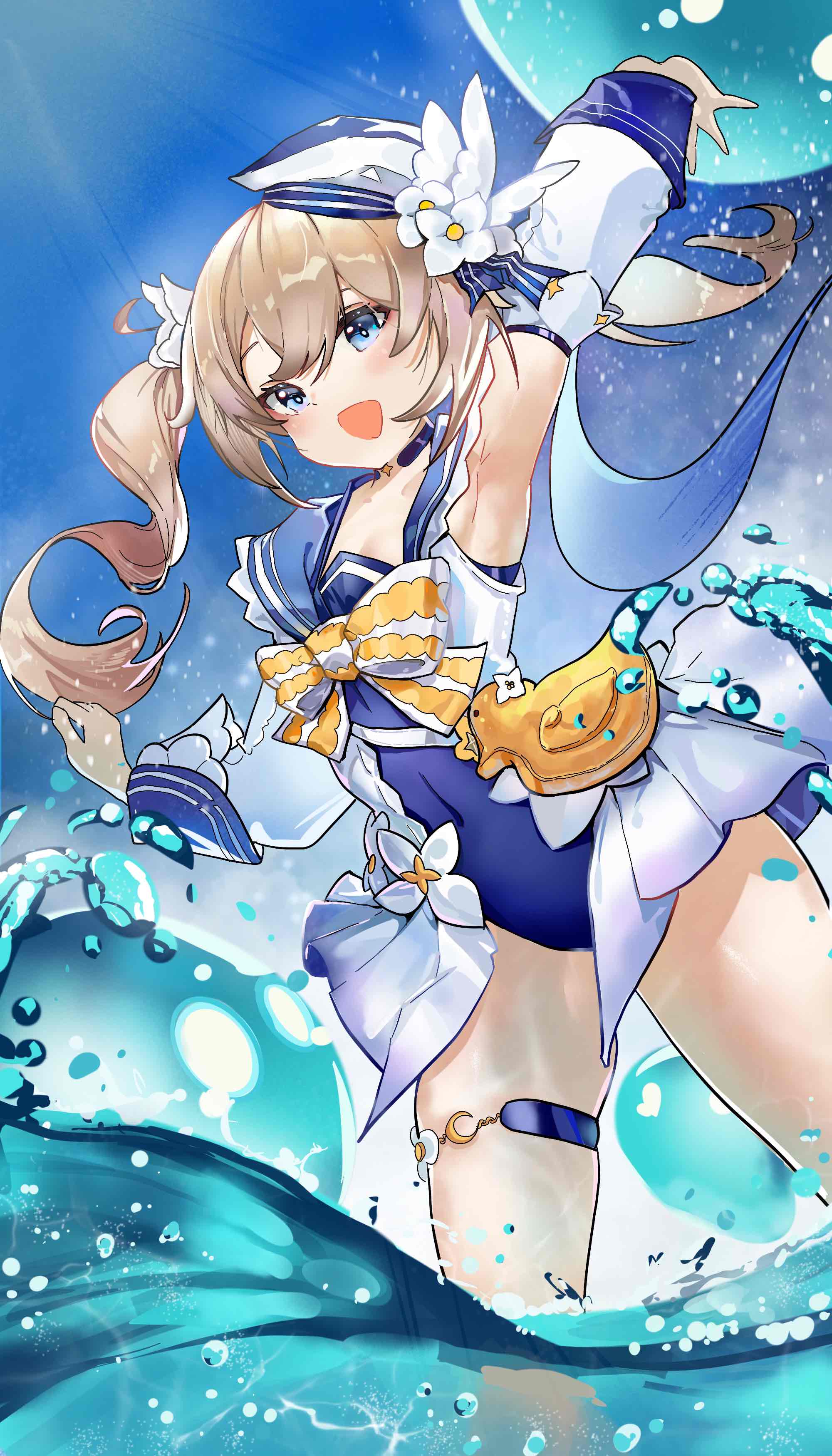 1girl, absurdres, armpits, bangs, barbara_pegg, blonde_hair, blue_eyes, blush