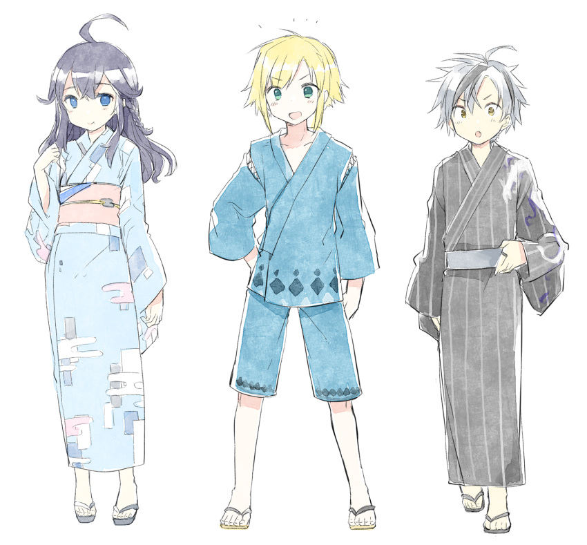 1girl, 2boys, :d, :o, :t, ahoge, bangs, black_footwear
