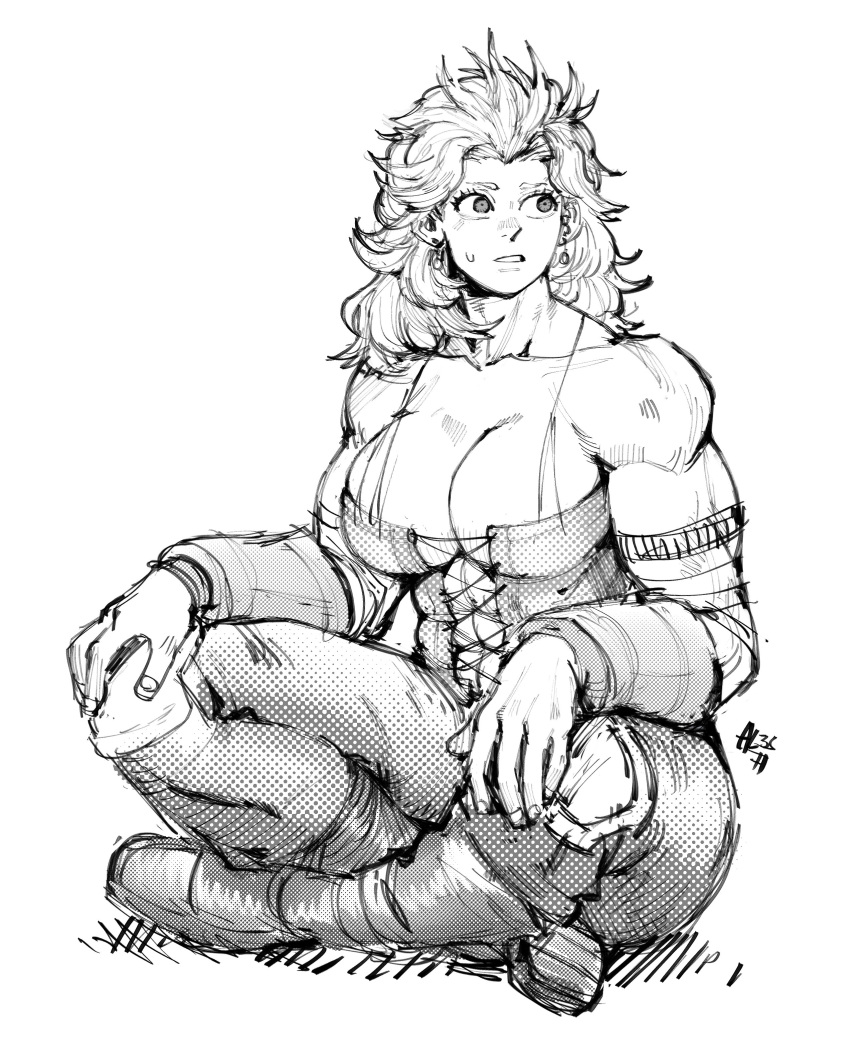 1girl, abs, absurdres, breasts, dorohedoro, earrings, formal, gabriel_ales, highres, jewelry, large_breasts, long_hair, looking_at_viewer, monochrome, muscular, muscular_female, navel, noi_(dorohedoro), simple_background, solo, white_hair