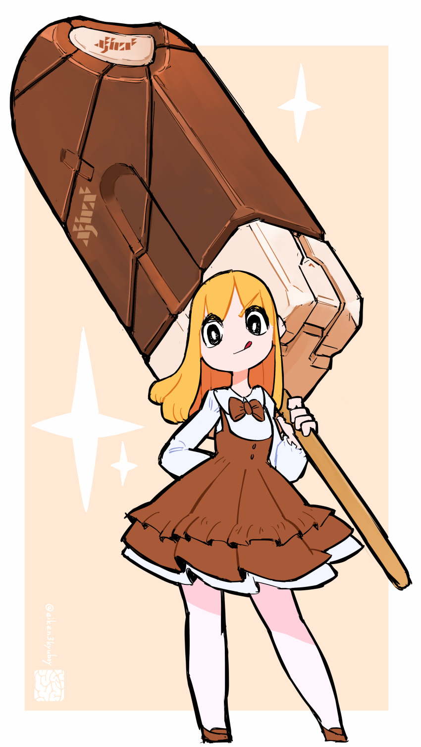 1girl, :q, absurdres, arm_behind_back, bangs, bare_legs, black_eyes, blonde_hair