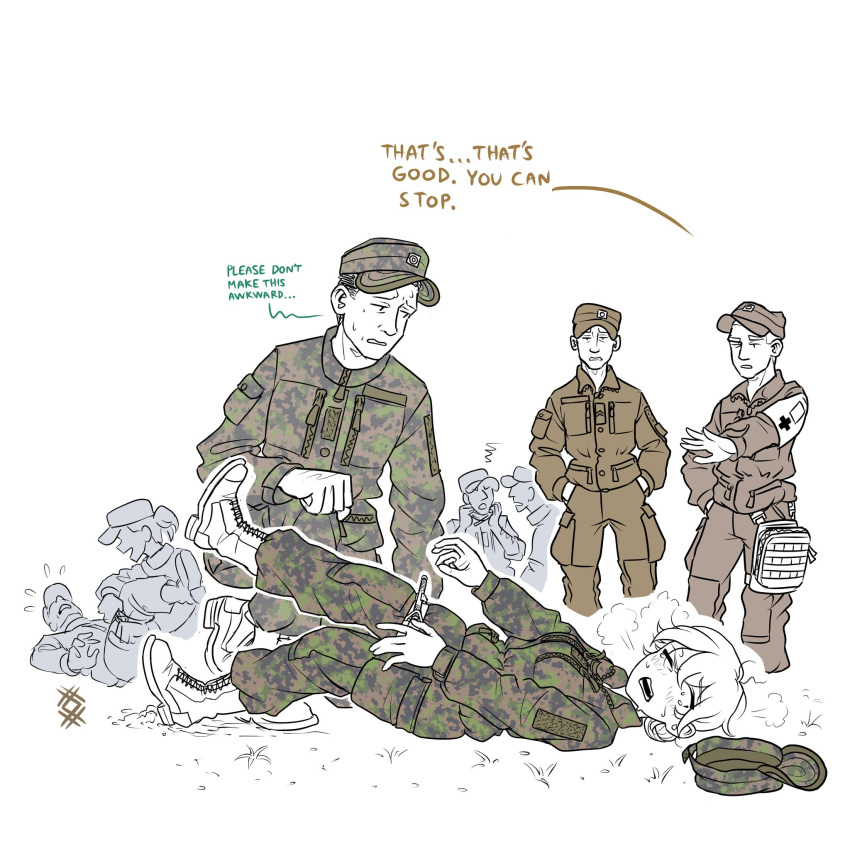 2girls, 6+boys, =3, armband, blush, boots, camouflage, camouflage_shirt