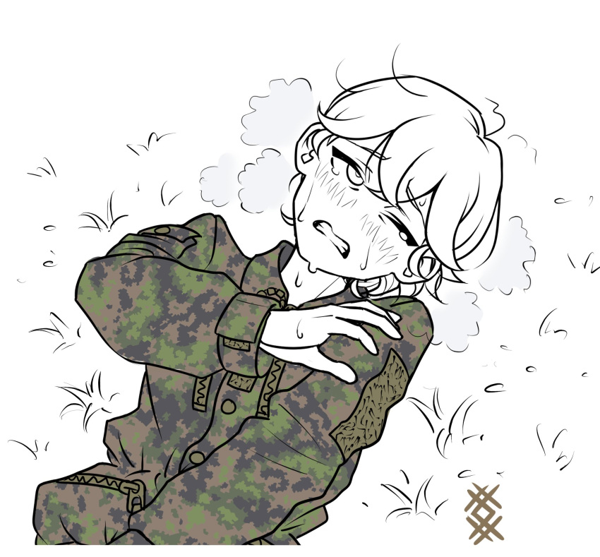 1girl, blush, camouflage, camouflage_shirt, eyebrows_visible_through_hair, furrowed_brow, grass, grimace