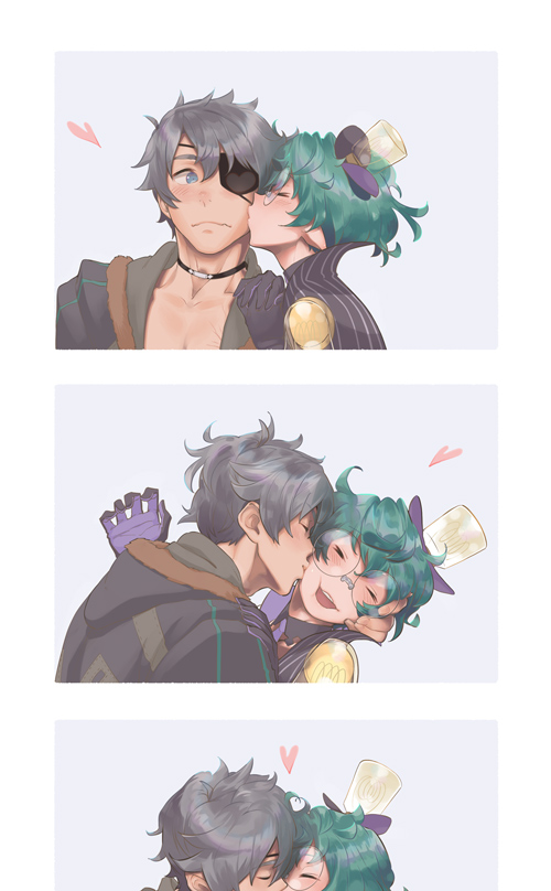 1boy, 1girl, blush, cheek_kiss, curly_hair, eyepatch, glasses, gloves