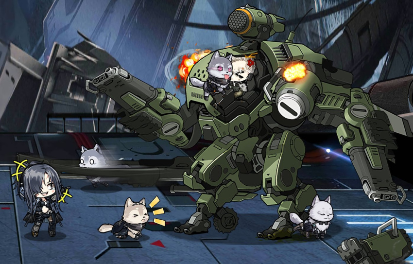 1boy, 1girl, ak-12_(girls_frontline), ak-15_(girls_frontline), an-94_(girls_frontline), angelia_(girls_frontline), anger_vein, animal_ears, animalization, black_hair, chibi, closed_eyes, commentary, english_commentary, explosion, face_licking, girls_frontline, glowing, glowing_eyes, laughing, licking, long_hair, mecha, missile_pod, motion_blur, open_mouth, peeing, pointing, robot, rpk-16_(girls_frontline), ruins, sprite_art, tail, the_mad_mimic, white_hair, wolf, wolf_ears, wolf_tail, yegor_(girls_frontline)