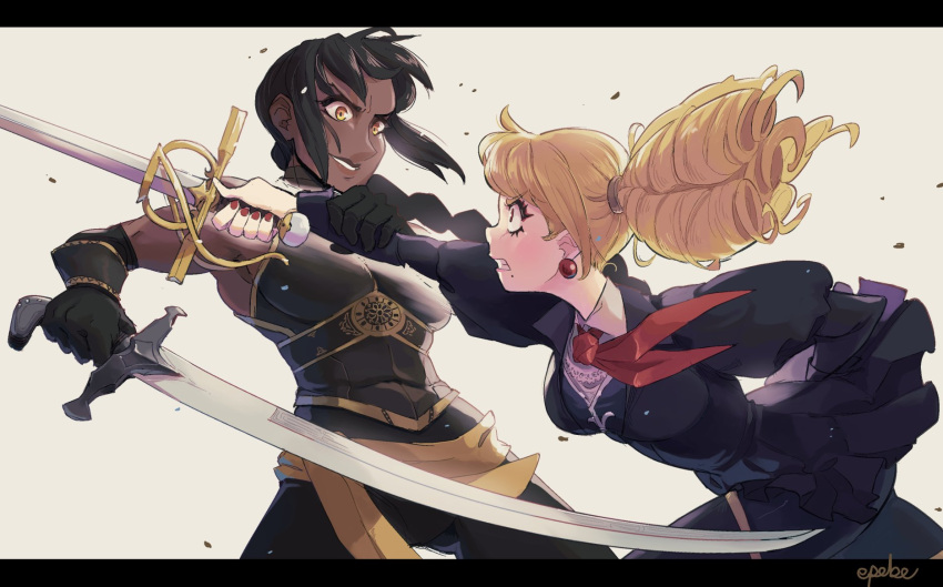2girls, armor, artist_name, black_gloves, black_pants, black_shirt, black_skirt, blonde_hair, braid, braided_ponytail, commission, dark-skinned_female, dark_skin, drill_hair, duel, earrings, epebe, eye_contact, eyelashes, gloves, highres, holding, holding_sword, holding_weapon, jewelry, letterboxed, long_sleeves, looking_at_another, multiple_girls, original, pants, ponytail, puffy_long_sleeves, puffy_sleeves, red_nails, red_neckwear, shirt, sidelocks, simple_background, skirt, standing, sword, weapon, white_background, yellow_eyes