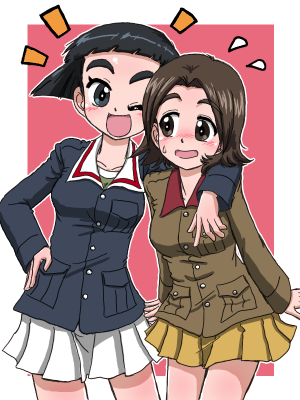 2girls, ;d, arm_around_neck, bangs, black_eyes, black_hair, blue_jacket, blunt_bangs