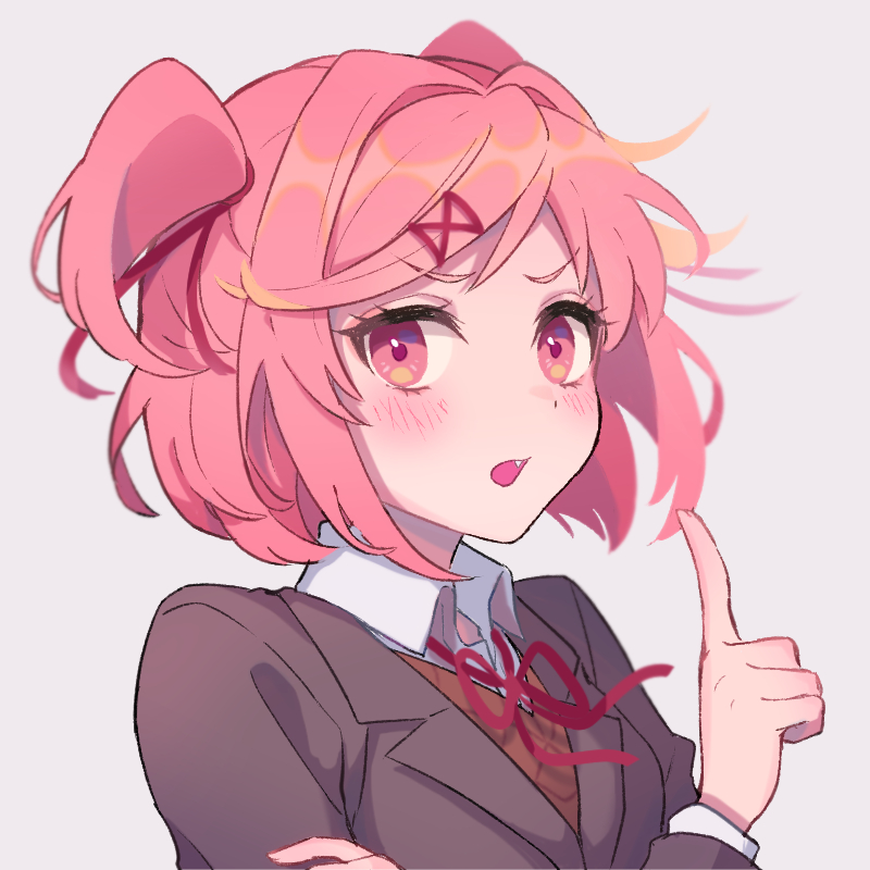 1girl, blush, commentary, doki_doki_literature_club, fang, hair_ornament, hair_ribbon, hands_up