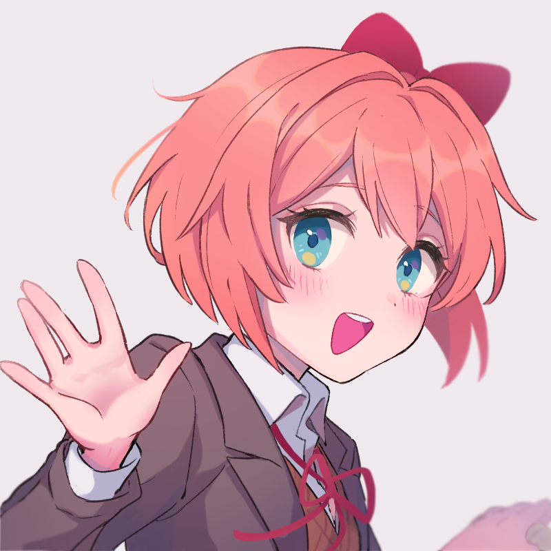 1girl, blue_eyes, blush, bow, commentary, doki_doki_literature_club, hair_bow, hand_up