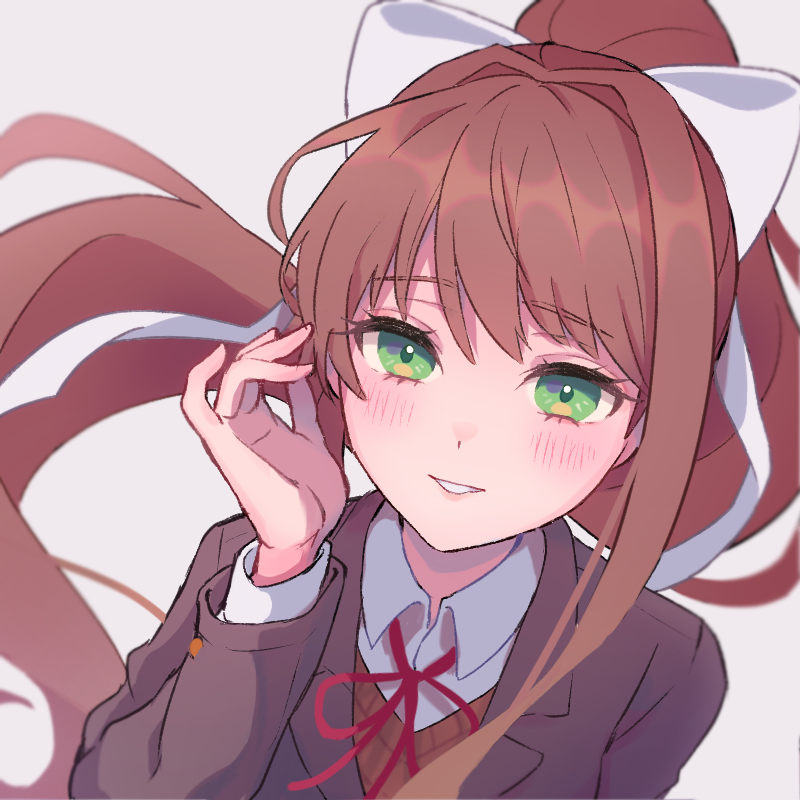 1girl, blush, brown_hair, commentary, doki_doki_literature_club, green_eyes, hair_ribbon, hand_up, long_hair, long_sleeves, looking_at_viewer, m1stm1, monika_(doki_doki_literature_club), neck_ribbon, parted_lips, ponytail, portrait, red_neckwear, ribbon, school_uniform, simple_background, smile, solo, upper_body, white_background, white_ribbon