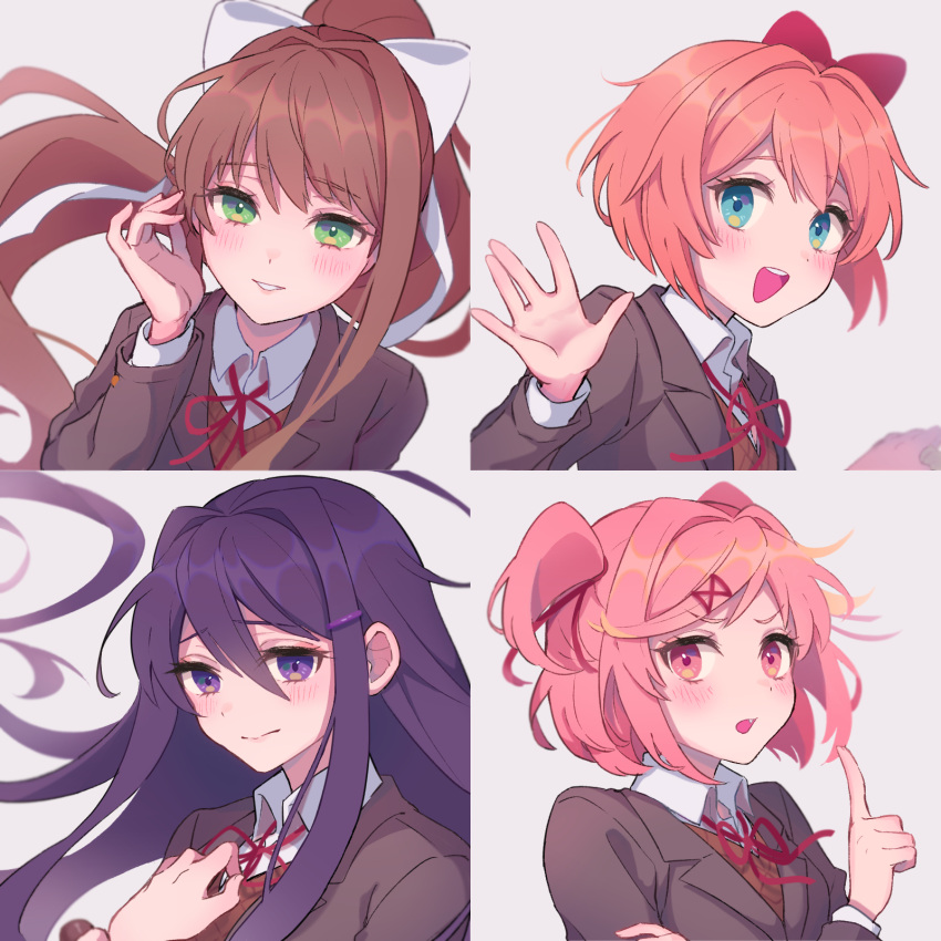 4girls, blue_eyes, blush, bow, brown_hair, commentary, doki_doki_literature_club, fang, green_eyes, hair_bow, hair_ornament, hairclip, hand_up, highres, index_finger_raised, long_hair, long_sleeves, looking_at_viewer, m1stm1, monika_(doki_doki_literature_club), multiple_girls, natsuki_(doki_doki_literature_club), neck_ribbon, open_mouth, orange_hair, parted_lips, pink_eyes, pink_hair, ponytail, portrait, purple_hair, red_bow, red_neckwear, ribbon, sayori_(doki_doki_literature_club), school_uniform, short_hair, simple_background, smile, two_side_up, upper_body, upper_teeth, violet_eyes, white_background, white_ribbon, x_hair_ornament, yuri_(doki_doki_literature_club)