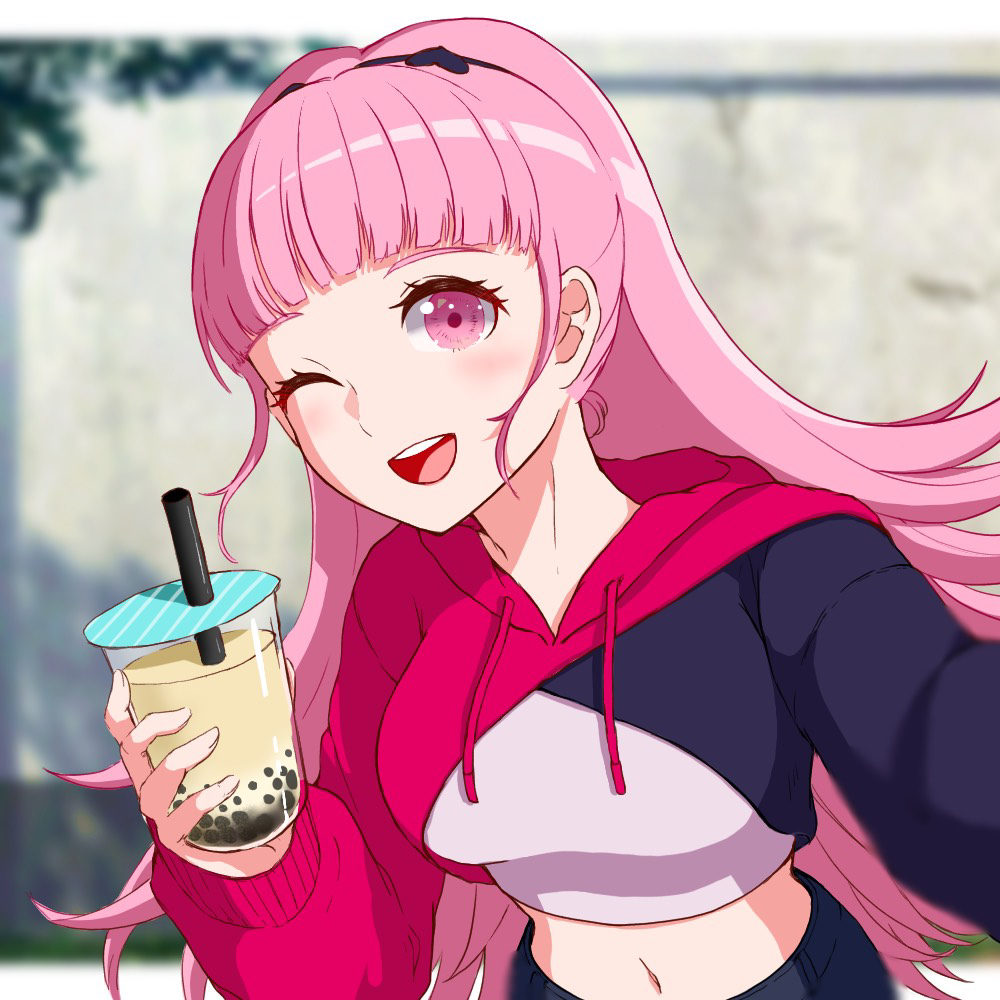 1girl, bangs, blurry, blurry_background, blush, bubble_tea, commentary_request, cropped_hoodie