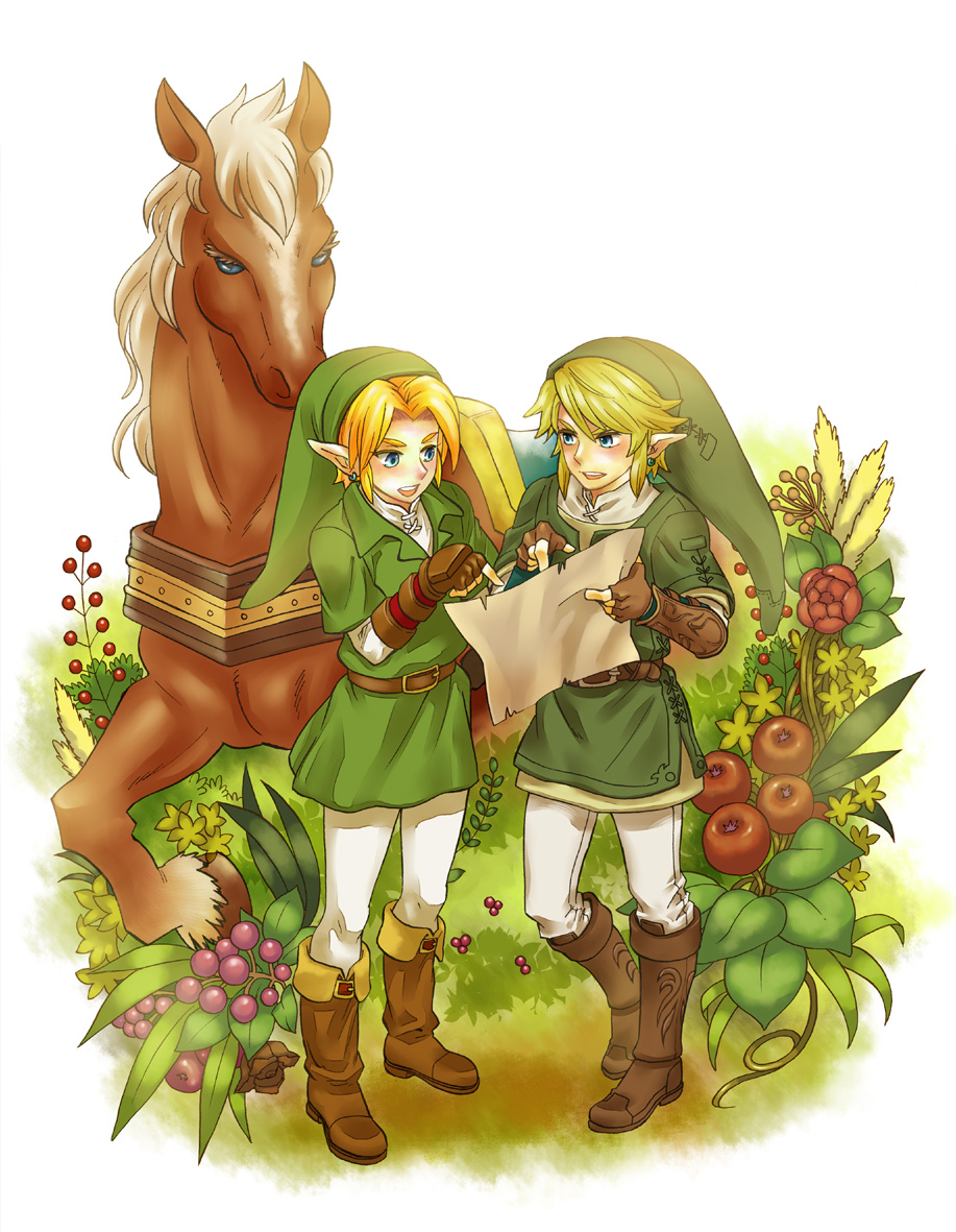blonde_hair, blue_eyes, boots, dual_persona, earrings, epona, flower, gloves