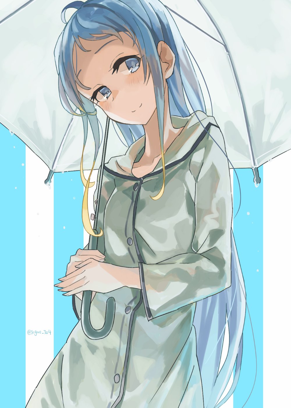 1girl, alternate_costume, bangs, blue_eyes, blue_hair, cowboy_shot, gradient_hair, grey_raincoat, highres, kantai_collection, long_hair, looking_at_viewer, multicolored_hair, raincoat, samidare_(kancolle), smile, solo, striped, striped_background, sugue_tettou, swept_bangs, transparent, transparent_umbrella, umbrella, very_long_hair