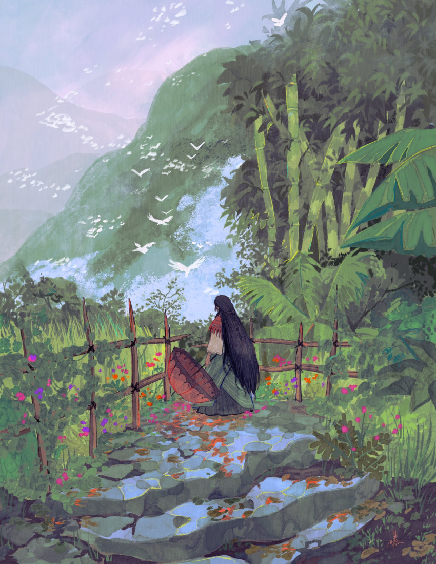 1girl, bamboo, bird, black_hair, clouds, flower, highres, holding