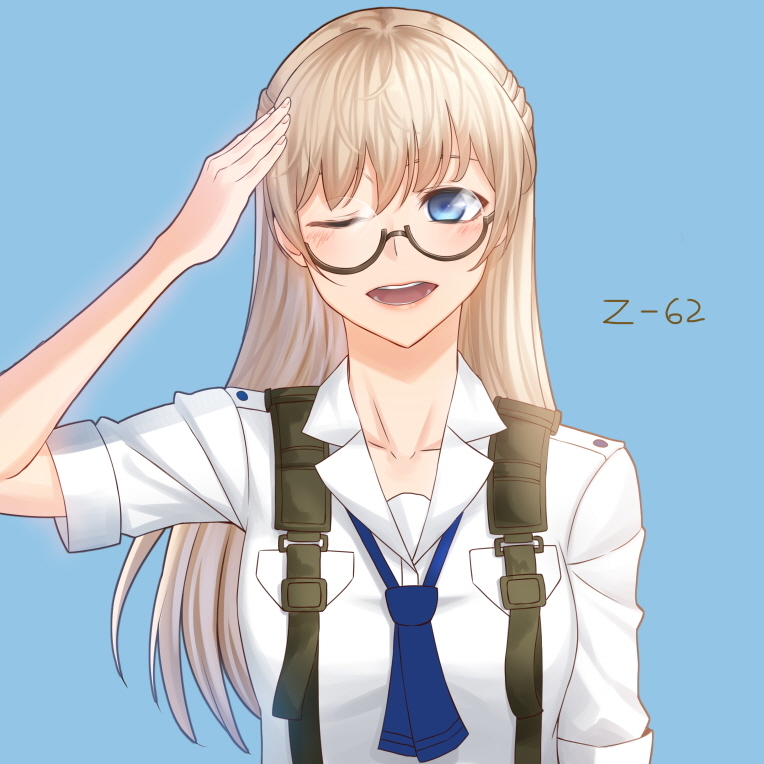 1girl, backpack, bag, blonde_hair, blue_background, blue_eyes, blue_neckwear, blush