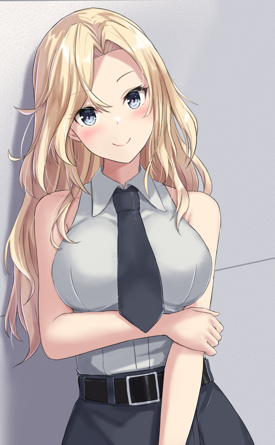 1girl, belt, belt_buckle, black_belt, black_neckwear, black_skirt, blonde_hair, breasts