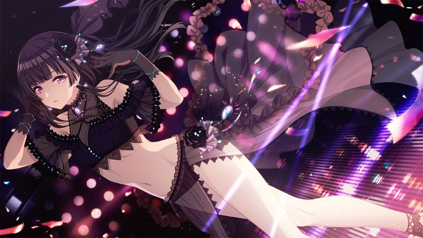 1girl, bangs, black_gloves, black_hair, black_panties, blunt_bangs, dutch_angle, eyebrows_visible_through_hair