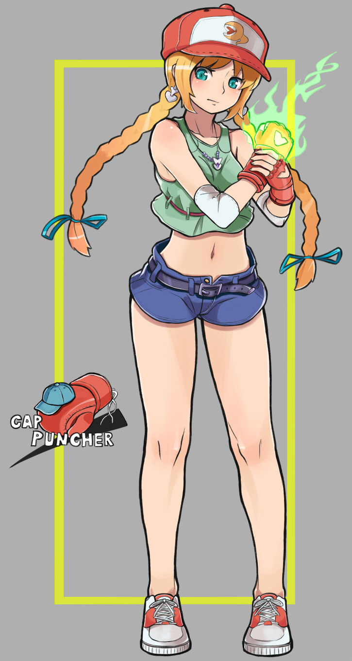 belt, bow, boxing_gloves, braid, burning_hand, denim, denim_shorts, earrings