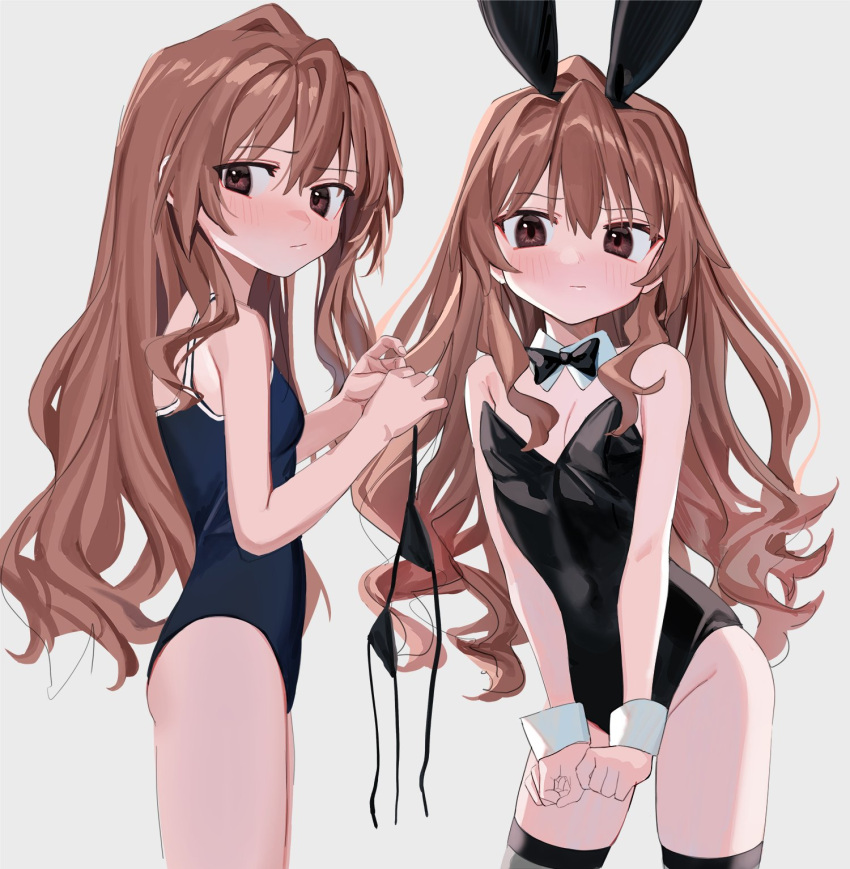 1girl, aisaka_taiga, animal_ears, bangs, bare_shoulders, black_bra, black_legwear, blue_swimsuit