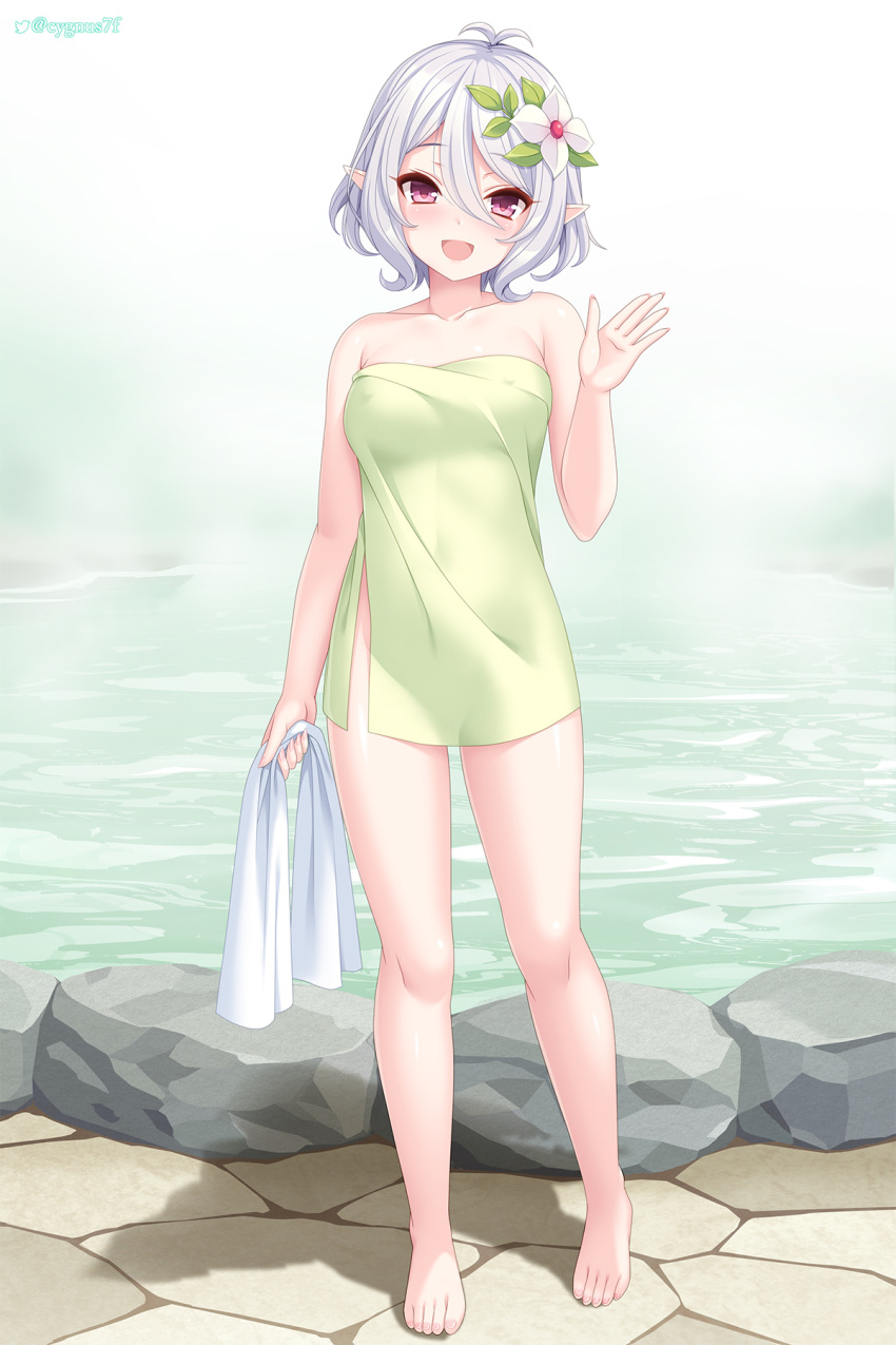 1girl, :d, antenna_hair, bare_shoulders, barefoot, collarbone, cygnus_(cygnus7), flower, full_body, hair_between_eyes, hair_flower, hair_ornament, hand_up, highres, holding, holding_towel, kokkoro_(princess_connect!), looking_at_viewer, naked_towel, onsen, open_mouth, pink_eyes, pointy_ears, princess_connect!, short_hair, smile, solo, standing, steam, towel, twitter_username, water
