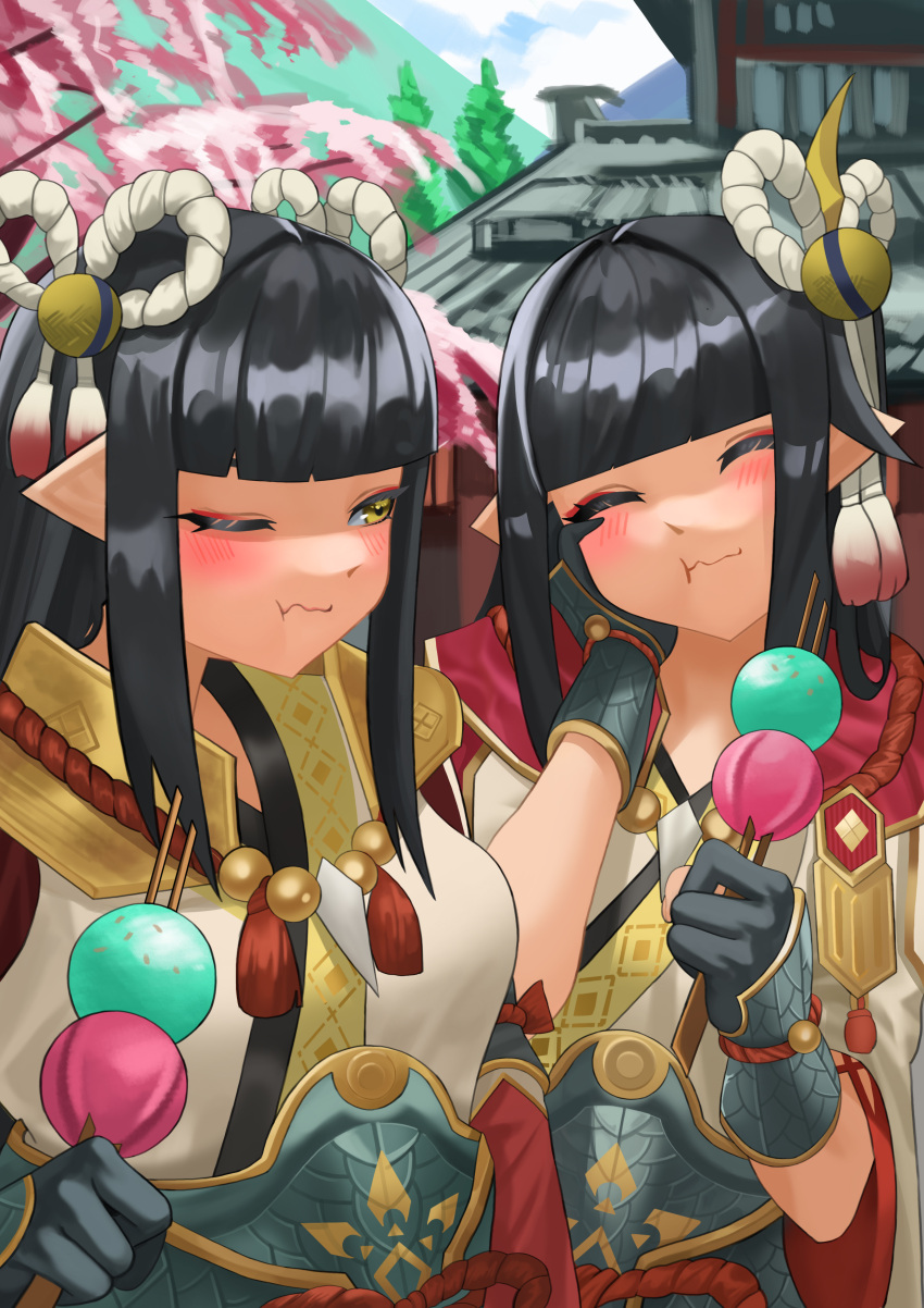 2girls, black_hair, blush, ddog, hinoa, japanese_clothes, kimono, long_hair