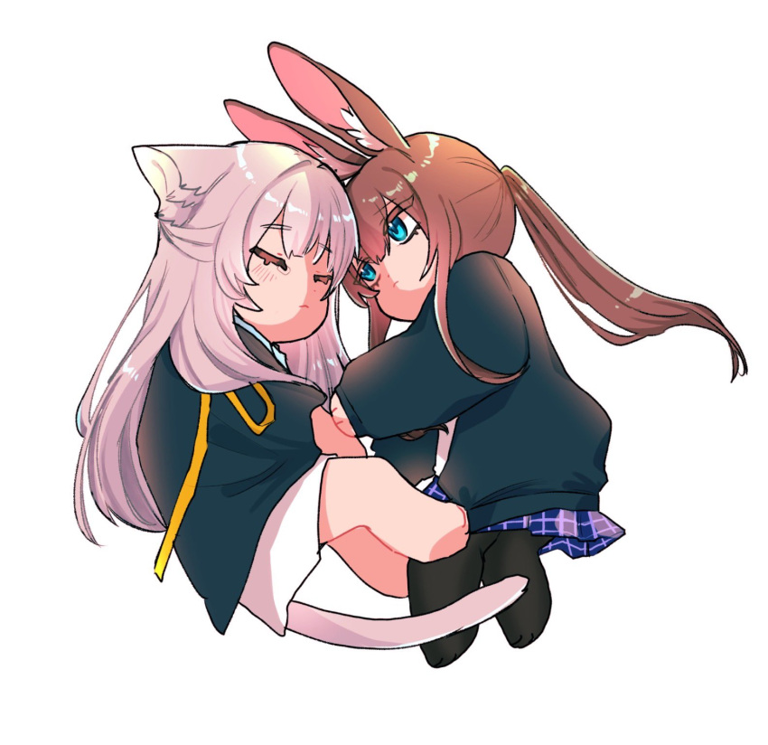 2girls, amiya_(arknights), animal_ear_fluff, animal_ears, arknights, black_jacket, black_legwear, blue_eyes